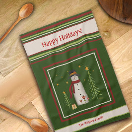 かわいいフォーク雪だるまパーソナライズされたクリスマス キッチンタオル