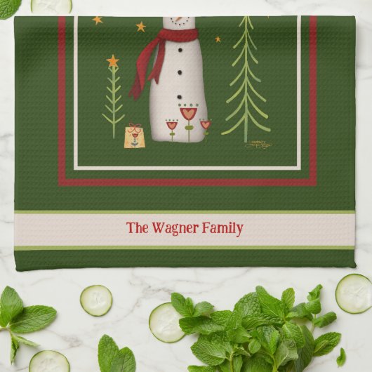 かわいいフォーク雪だるまパーソナライズされたクリスマス キッチンタオル (折り畳み)