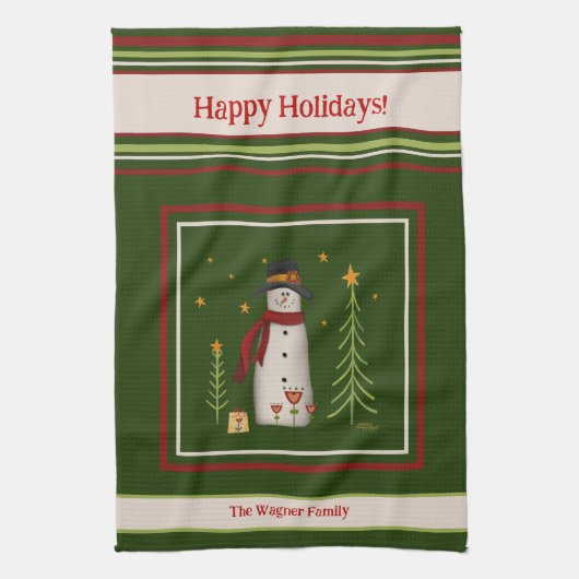 かわいいフォーク雪だるまパーソナライズされたクリスマス キッチンタオル (縦)