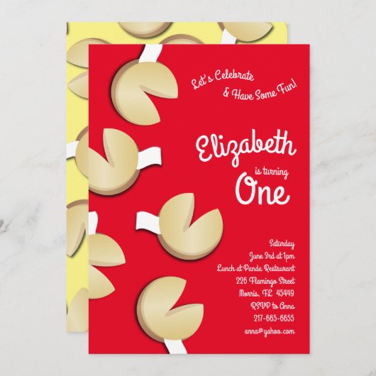 かわいいフォーチュンクッキーキッズ1歳の誕生日パーティー 招待状 (正面/裏面)