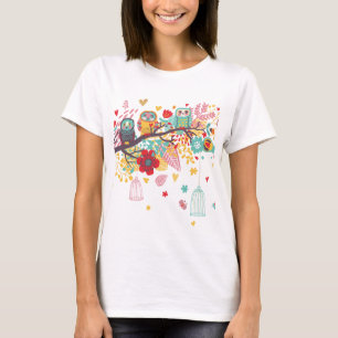 かわいいフクロウおよびカラフルな花のイメージの背景 Tシャツ