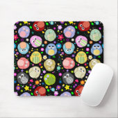 かわいいフクロウおよび花模様のmousepad -黒 マウスパッド (マウス)