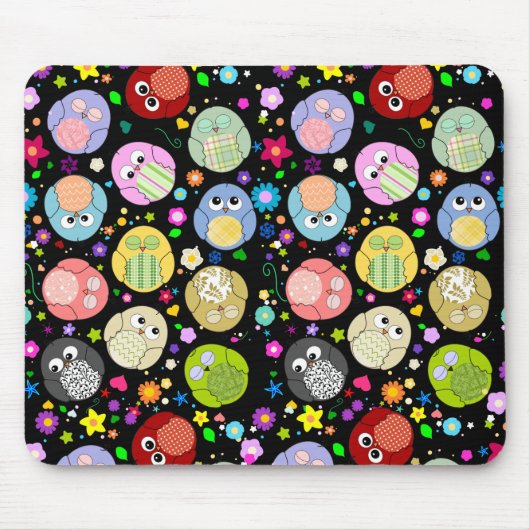 かわいいフクロウおよび花模様のmousepad -黒 マウスパッド (正面)