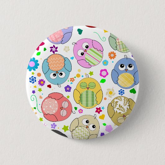 かわいいフクロウおよび花模様 缶バッジ (正面)