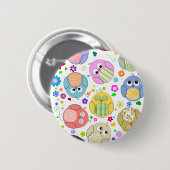 かわいいフクロウおよび花模様 缶バッジ (正面&裏面)