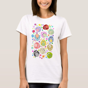 かわいいフクロウおよび花模様 Tシャツ