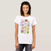 かわいいフクロウおよび花模様 Tシャツ (正面フル)