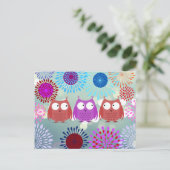 かわいいフクロウお互いを見て花デザイン ポストカード (スタンド正面)
