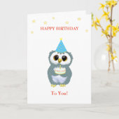 かわいいフクロウお誕生日ケーキと星を白に カード (黄色い花)