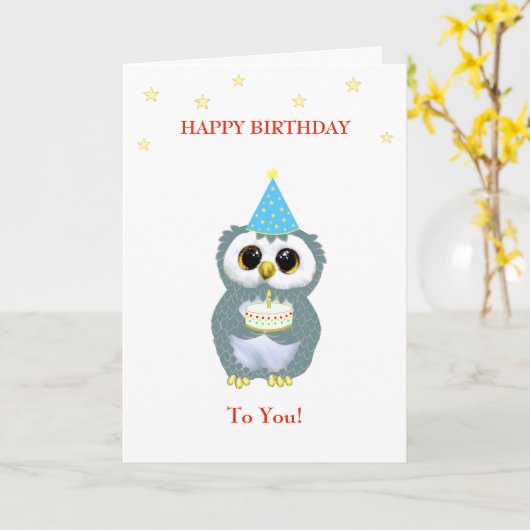 かわいいフクロウお誕生日ケーキと星を白に カード (黄色い花)