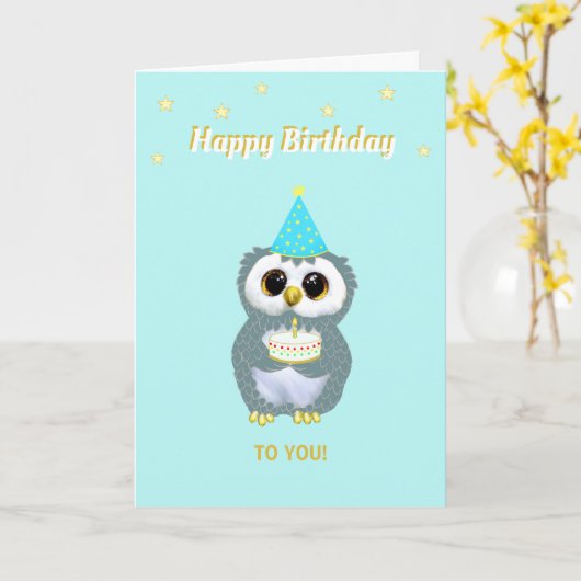 かわいいフクロウお誕生日ケーキと星付きティール（緑がかった色） カード (黄色い花)