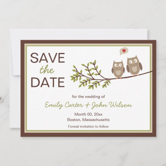 かわいいフクロウがお知らせするSave the Date 招待状 (正面)