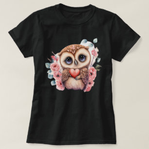 かわいいフクロウがハートを抱えカラフルるフローラ Tシャツ