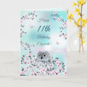 かわいいフクロウさくらんぼカスタム誕生日カード カード (黄色い花)