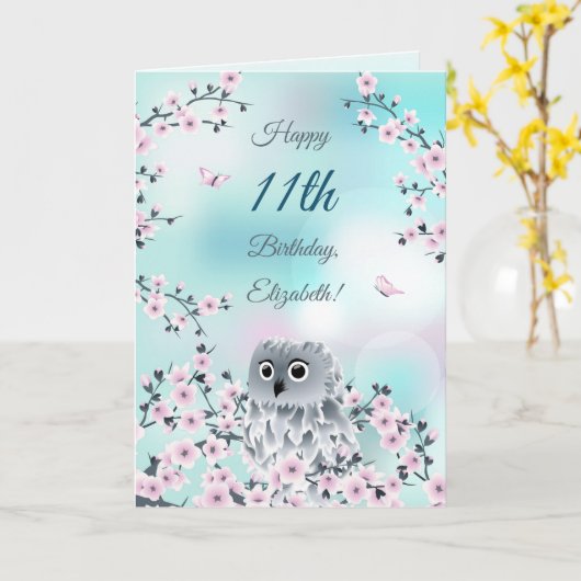 かわいいフクロウさくらんぼカスタム誕生日カード カード (黄色い花)