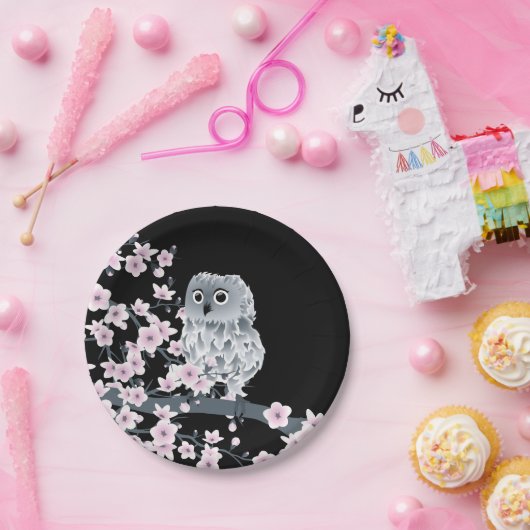かわいいフクロウさくらんぼ咲きブラックピンク ペーパープレート (パーティー)
