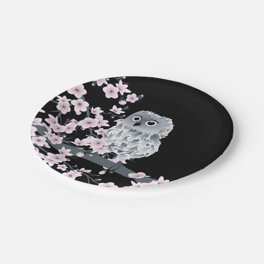 かわいいフクロウさくらんぼ咲きブラックピンク ペーパープレート (アングル)