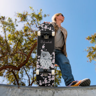 かわいいフクロウさくらんぼ花咲きピンク黒お名前 スケートボード