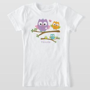 かわいいフクロウたち,女の子たち,ピンクパープルブルー Tシャツ