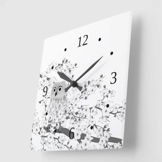 かわいいフクロウとさくらんぼが白と黒で花を咲かせる スクエア壁時計 (傾斜)