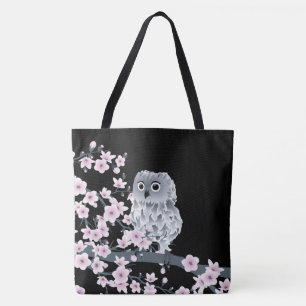 かわいいフクロウとさくらんぼの花がピンク黒 トートバッグ