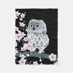 かわいいフクロウとさくらんぼの花ピンク黒 フリースブランケット
