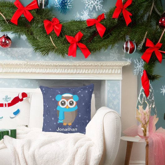 かわいいフクロウとイヤーマフとスカーフを青 クッション