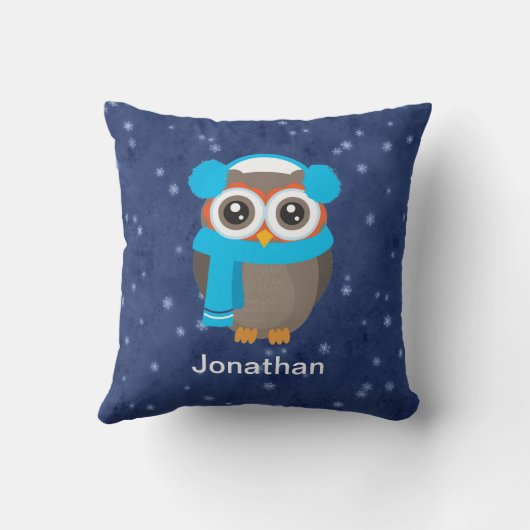 かわいいフクロウとイヤーマフとスカーフを青 クッション (裏面)