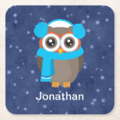 かわいいフクロウとイヤーマフとスカーフを青 スクエアペーパーコースター (正面)
