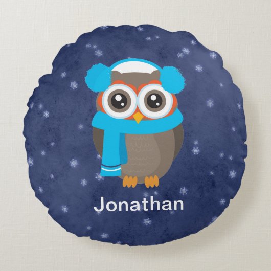かわいいフクロウとイヤーマフとスカーフを青 ラウンドクッション (正面)