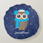 かわいいフクロウとイヤーマフとスカーフを青 ラウンドクッション (裏面)