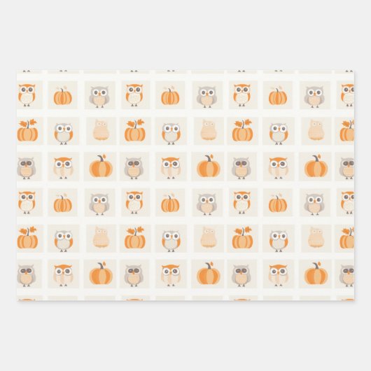 かわいいフクロウとカボチャの秋 ラッピングペーパーシート (正面3)