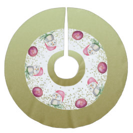 かわいいフクロウとクリスマスボールとグリッター金ゴールド ブラッシュドポリエステルツリースカート