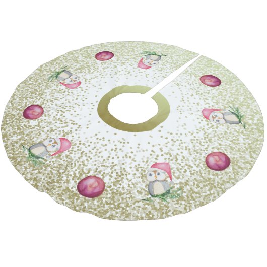 かわいいフクロウとクリスマスボールとグリッター金ゴールド ブラッシュドポリエステルツリースカート (アングル)