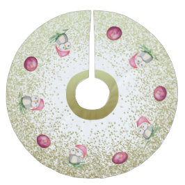 かわいいフクロウとクリスマスボールとグリッター金ゴールド ブラッシュドポリエステルツリースカート