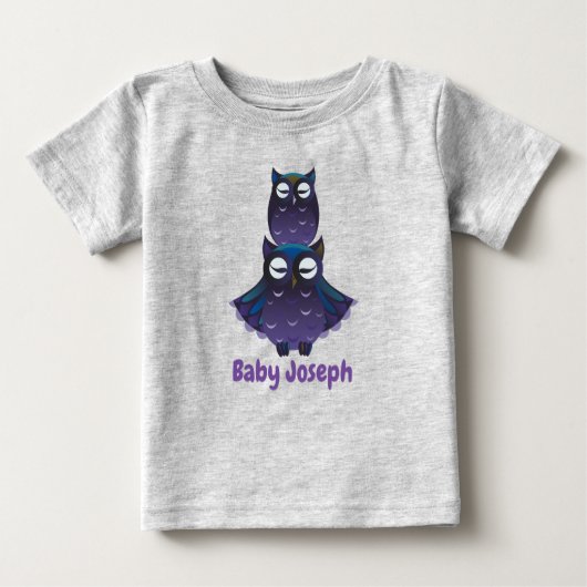 かわいいフクロウとシールカブグラフィック ベビーTシャツ (正面)