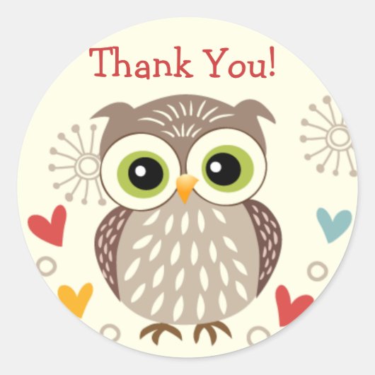 かわいいフクロウとハートありがとうステッカー ラウンドシール (正面)
