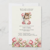 かわいいフクロウとバラの本で赤ちゃんシャワー 招待状 (正面)