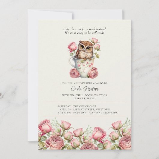 かわいいフクロウとバラの本で赤ちゃんシャワー 招待状 (正面)