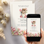 かわいいフクロウとバラの本で赤ちゃんシャワー 招待状