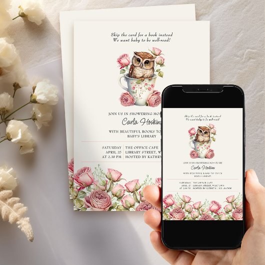 かわいいフクロウとバラの本で赤ちゃんシャワー 招待状