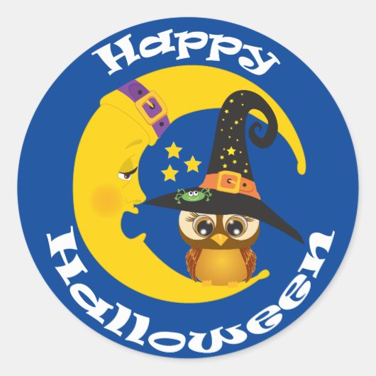 かわいいフクロウとムーンハロウィン ラウンドシール (正面)