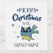 かわいいフクロウとメリークリスマスタイポグラフィ ワインラベル (シングルラベル)
