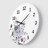 かわいいフクロウと桜の数字 ラージ壁時計 (傾斜)