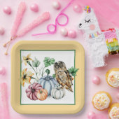 かわいいフクロウと秋カボチャ ペーパープレート (パーティー)