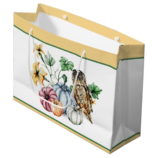かわいいフクロウと秋カボチャ ラージペーパーバッグ (正面アングル)