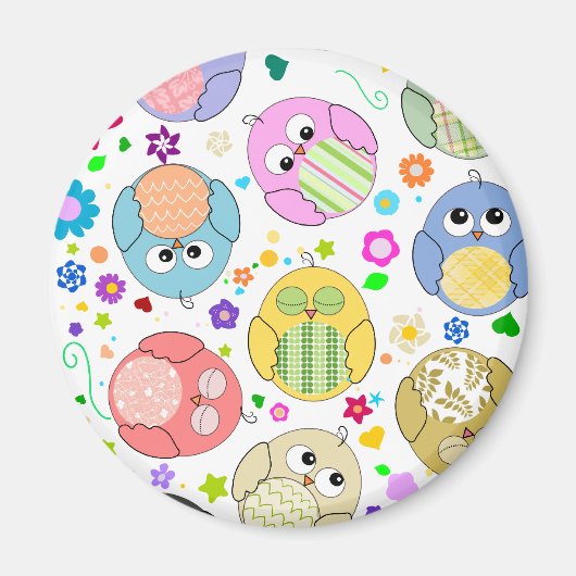 かわいいフクロウと花の柄 マグネット (正面)