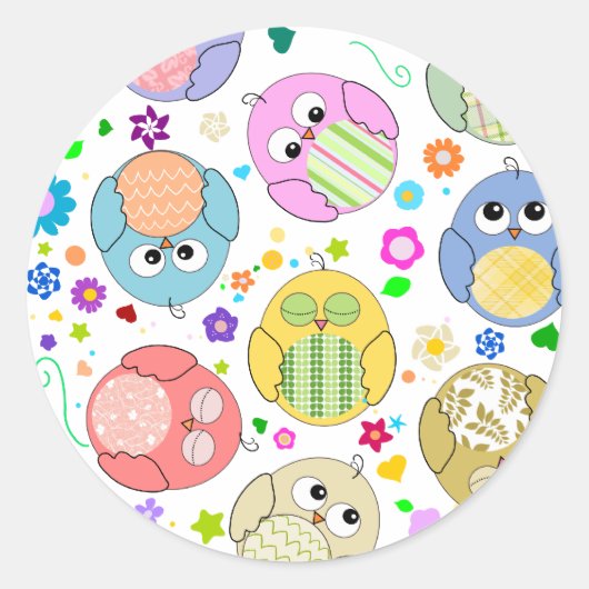 かわいいフクロウと花の柄 ラウンドシール (正面)