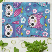 かわいいフクロウと花 キッチンタオル (折り畳み)