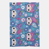 かわいいフクロウと花 キッチンタオル (縦)